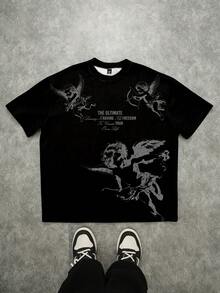 Manfinity Roghcode Men's Casual Round Neck Short Sleeve T-Shirt, Angel Print, Summer - Black - View 1