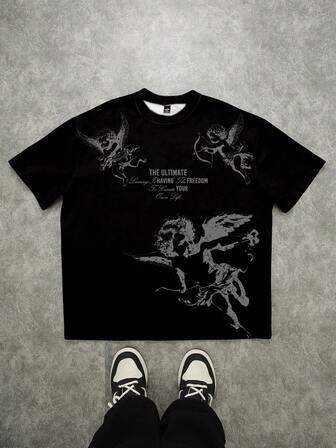 Manfinity Roghcode 男士休闲圆领短袖T恤，天使印花，夏季