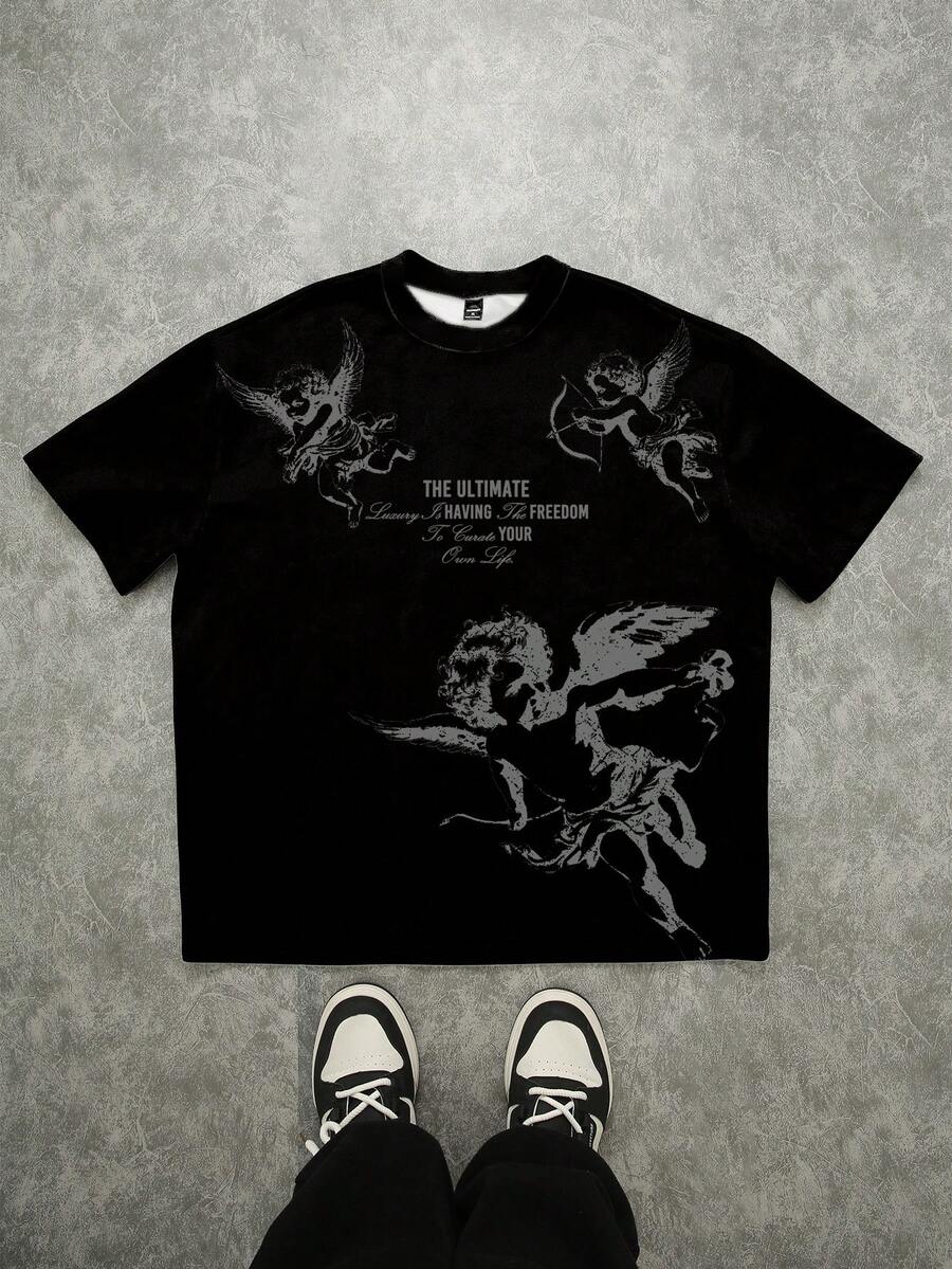 Manfinity Roghcode Men's Casual Round Neck Short Sleeve T-Shirt, Angel Print, Summer - Black - View 1