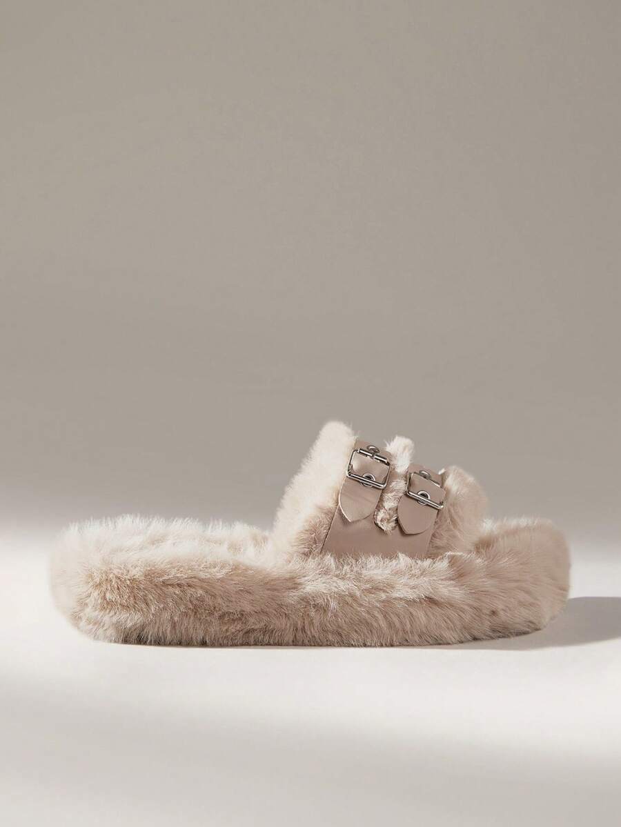 Solecia Women's Fluffy Adjustable Strap Thick Sole Home Slippers For Christmas - Khaki - View 1