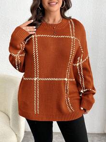 Elenzga Plus Size Casual Colorblock Plaid Knit Sweater, Autumn/Winter Fall - Orange - View 5