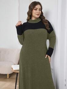 Lacomfia 大码女式撞色高领落肩长袖罗纹休闲宽松连衣裙，秋季休闲T恤长裙，适合日常休闲穿着 - 軍綠色 - 查看 3