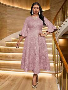Fleurora Autumn And Winter Elegant Party Wedding Plus Size Women Floral Jacquard Flare Sleeve Elegant Dress Pink Dresses For Women Christmas Party Dress New Year Dress Elegant Dresses For Women Plus Size Formal Dress Elegant Midi Dress Pink Elegant Dress Jacquard Dress Pink Dress For Women Church Dress For Women Floral Dress Elegant Dresses For Party Valentine's Day Outfit - Dusty Pink - View 6