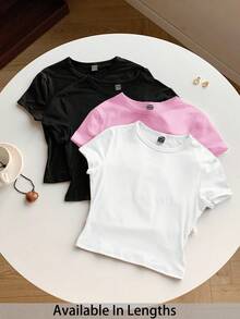 SHEIN Tall CURVE 加大码四件套纯色短款圆领短袖修身女式T恤，适合夏季穿着 - 彩色 - 查看 1