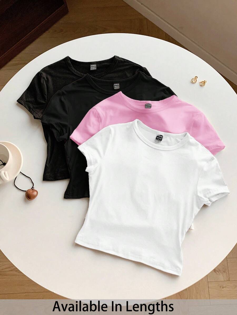 SHEIN Tall CURVE 加大码四件套纯色短款圆领短袖修身女式T恤，适合夏季穿着 - 彩色 - 查看 1