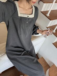 DAZY 可愛對比色荷葉邊拼接燈籠袖女款睡裙睡衣 - 深灰色 - 查看 6