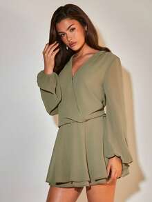 COSMINA 女士优雅雪纺V领长袖迷你连衣裙，适合通勤、日常穿着和办公室穿着。 - 綠色 - 查看 4