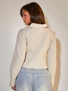 COSMINA Women's Casual Front-Button Denim Shirt, Fitted Waist, Long-Sleeved Denim Top, Suitable For Everyday Wear And Commuting, Elegant Denim Top, Autumn/Winter Denim Top, Spring Denim Top, Casual Denim, Gray Denim Top, Everyday Street Style, Autumn Style. - Grey - View 3