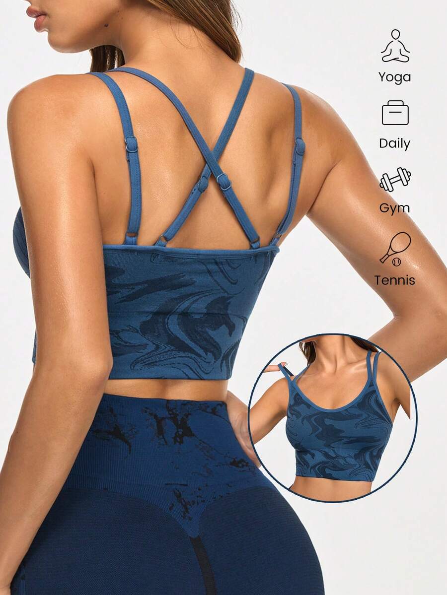 Gameset SHEIN Sport Sujetador deportivo sin costuras de alta elasticidad para aeróbic, yoga y fitness con espalda cruzada para mujeres - Azul Marino - Ver 1