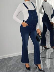 SHEIN Maternity Ombre Color Fitted Pocket Flare Leg Denim Overalls - Dark Wash - View 3