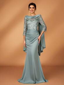 Serin Elegant Luxurious Pearl, Sequin & Lace Applique Sheer Sleeve Patchwork Elastic Satin Ruched Flounce Mermaid Skirt, Suitable For Wedding, Party, Vacation, Prom, Mother Of The Bride Evening Gown