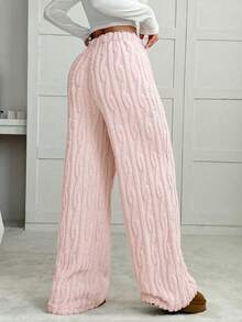 SHEIN EZwear Quần ống rộng dệt kim họa tiết, co giãn, thoải mái khi đi làm hàng ngày dành cho nữ, thu/đông - Hồng - Xem 2