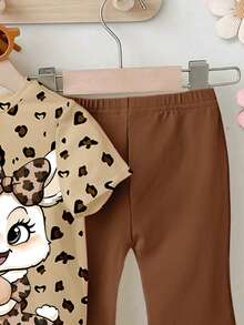 一套女婴可爱兔耳豹纹圆领短袖T恤和棕色针织打底裤套装 - 彩色 - 查看 4