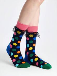 ROMWE Kawaii Tất cổ cao họa tiết chấm bi lưới xếp nếp dễ thương cho nữ - Màu xanh lam - Xem 5