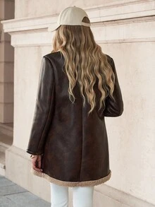 Solivie 女式复古双排扣保暖衬里西装套装 - 咖啡棕 - 查看 2