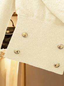 Franclia 女士秋冬交叉领正式时尚落肩长袖纯色假门襟金属纽扣针织套头毛衣 - 淡黃色 - 查看 5