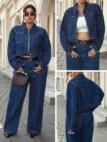 SHEIN ICON Plus Size Women's Fashionable Casual Washed Jacket - Dark Wash - View 7