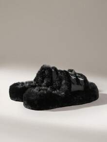 Solecia Women's Fluffy Adjustable Strap Thick Sole Home Slippers For Christmas - Black - View 4