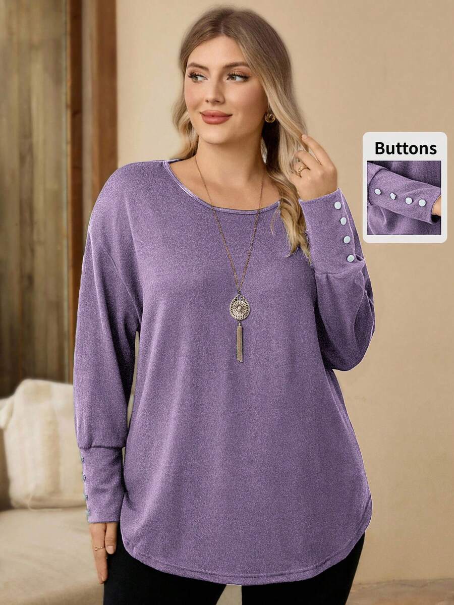 EMERY ROSE Koszulka damska w dużym rozmiarze, zimowa, jednokolorowa, z okrągłym dekoltem, opadającymi ramionami, długim rękawem, luźna, swobodna, pomarańczowa, jesienna, luźna, z guzikami, jesienno-zimowa, z okrągłym dekoltem i długim rękawem, na wyjścia, nowość z 2026 r., prosta i modna na co dzień, wczesna wiosna, wakacje dla kobiet, święta dla kobiet, wiosenne kobiety, walentynki, walentynki dla kobiet