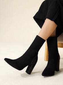 CUCCOO BASICS 女士时尚黑色针织弹力面料尖头粗跟中筒靴，修身长靴，适合通勤、约会、派对、度假 - 黑色 - 查看 5