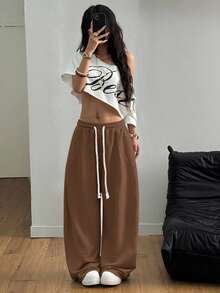 SHEIN Tall CURVE 大码女式街头风外出休闲装，大码弹力腰带舒适灰色筒裤 - 棕色 - 查看 4