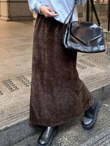 FRIFUL Women's Straight Corduroy Slit Hem Skirt