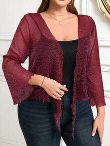 Gownix Áo khoác cardigan dáng ngắn tay bồng, viền bèo nhún phía trước khoét rỗng cho nữ cỡ lớn, màu lễ hội - Màu Đỏ Sâu - Xem 6