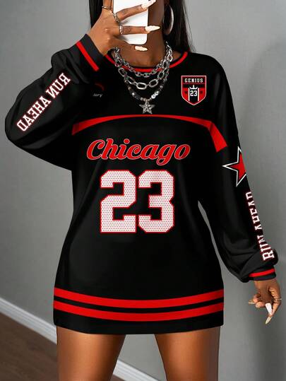 Slaydiva 2025 Autumn New Casual Street Style Sports Plus Size Round Neck Long Sleeve T-Shirt With 23 Number & Logo Print, Black & Red Color Block Maxi Dress, Suitable For Daily Wear, Dates, Music Festivals