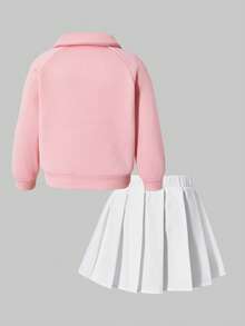SHEIN ChillGRL 2pcs/Set Girls Elegant School Style Long Sleeve Fleece Sweatshirt With Peter Pan Collar And Pleated Skirt, Autumn/Winter - Multicolor - View 3