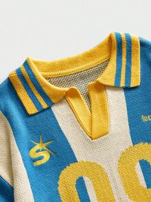 ROMWE MEN Prep Áo len dệt kim Jacquard cổ Polo dành cho nam - Xanh và trắng - Xem 4