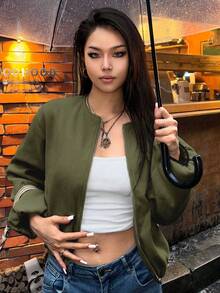 EMERY ROSE 女士纯色前拉链落肩长袖短外套 - 軍綠色 - 查看 6