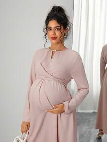 SHEIN Vestido de maternidad elegante de manga larga con envolvente, color rosa - Rosa vieja - Ver 4
