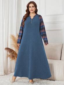 Lacomfia Váy kẻ caro thường ngày thanh lịch cỡ lớn - Màu xanh lam - Xem 3