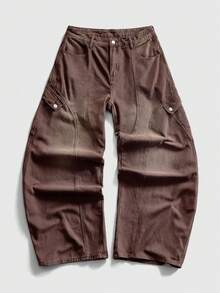 ROMWE MEN Men's Casual Punk Loose Fit Pockets Denim Jeans - Brown - View 1