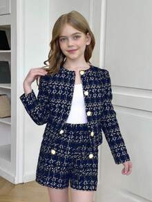 Serisse Kids Tween Girl Urban Chic Plaid Single-Breasted Long Sleeve Jacket And Shorts Set