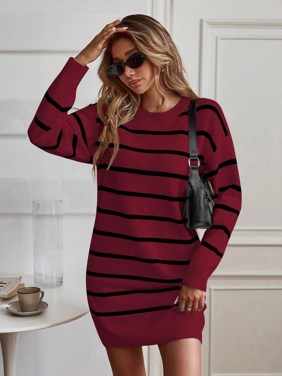 EMERY ROSE 2pcs Striped Black & White Pullover Sweater Dress For Women - Red - View 1