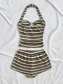 Soleia Women's Summer Beach Vacation Colorblock Striped Print Ruched Bust Halter Top And Shorts 2 Pieces Set - Multicolor - View 2