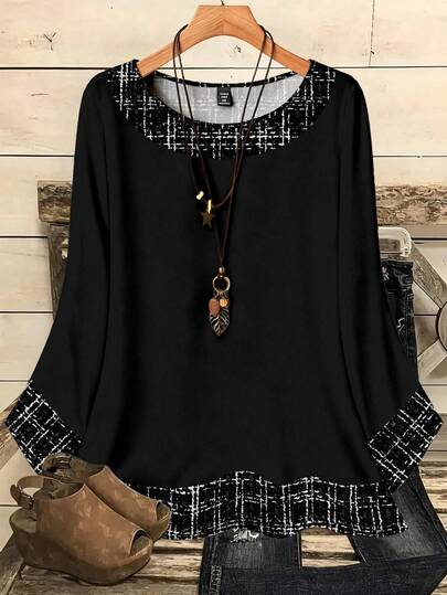 EMERY ROSE 大码女式休闲优雅印花宽松圆领七分袖衬衫，黑色，夏季上衣，女士夏季服装，新年必备，优雅女士，女士优雅衬衫，黑色上衣