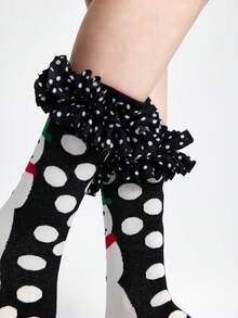 ROMWE Kawaii Women's Polka Dot Pattern Mesh Splice Ruffle Trim Cute Crew Socks - Black and white A - View 4