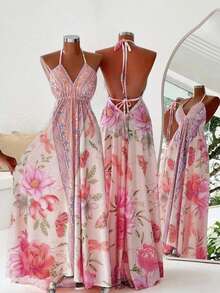 INAWLY 女士性感花卉印花露背吊带连衣裙，度假风 - 粉色 - 查看 3