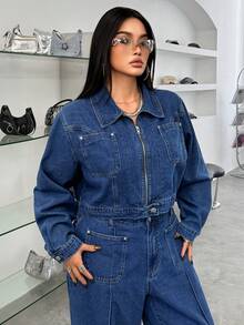 SHEIN ICON 大码女式休闲水洗无弹力外套 - 中等水洗藍 - 查看 4