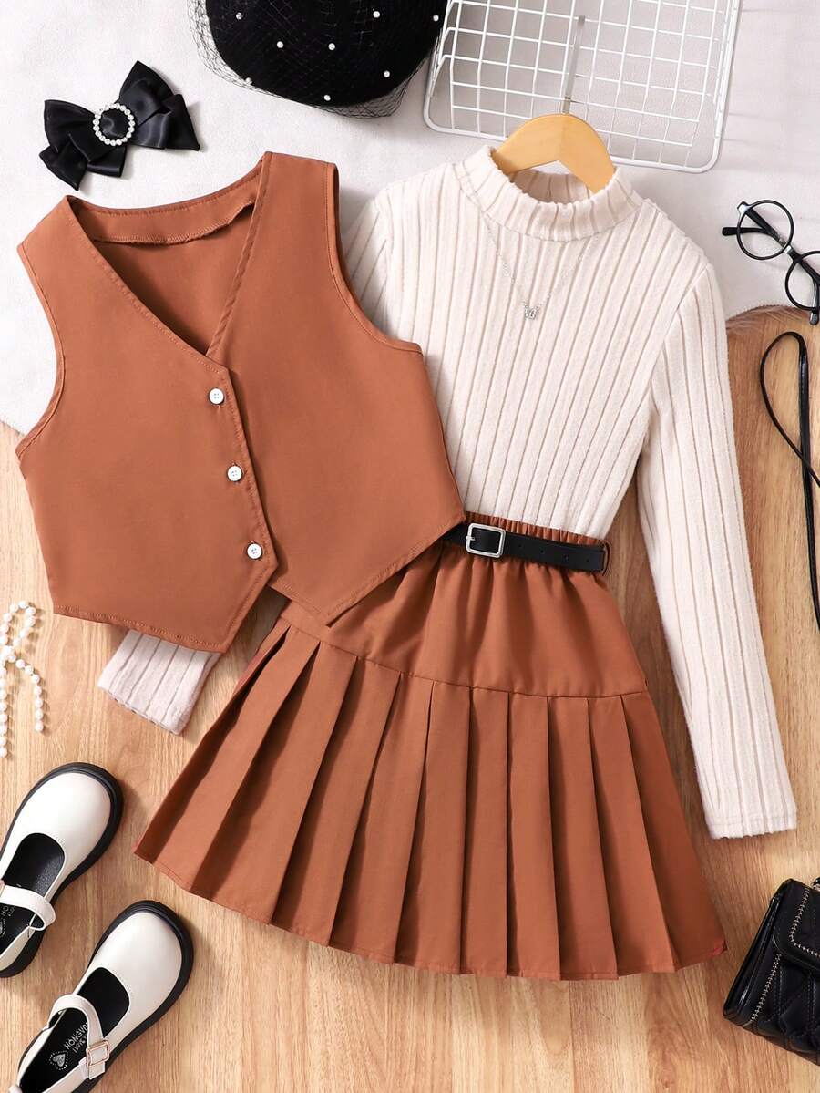SHEIN 3 件套女童无袖纽扣背心、高领罗纹长袖 T 恤和带腰带的百褶裙套装 - 彩色 - 查看 1