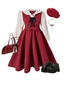 SHEIN 女童秋季灯芯绒撞色红杏色可拆卸珍珠流苏背带裙，优雅花卉领学院风休闲连衣裙 - 彩色 - 查看 4