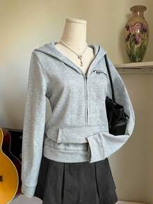 INAWLY Retro American Design Gray Hooded Zip-Up Sweatshirt - Light Grey - View 3