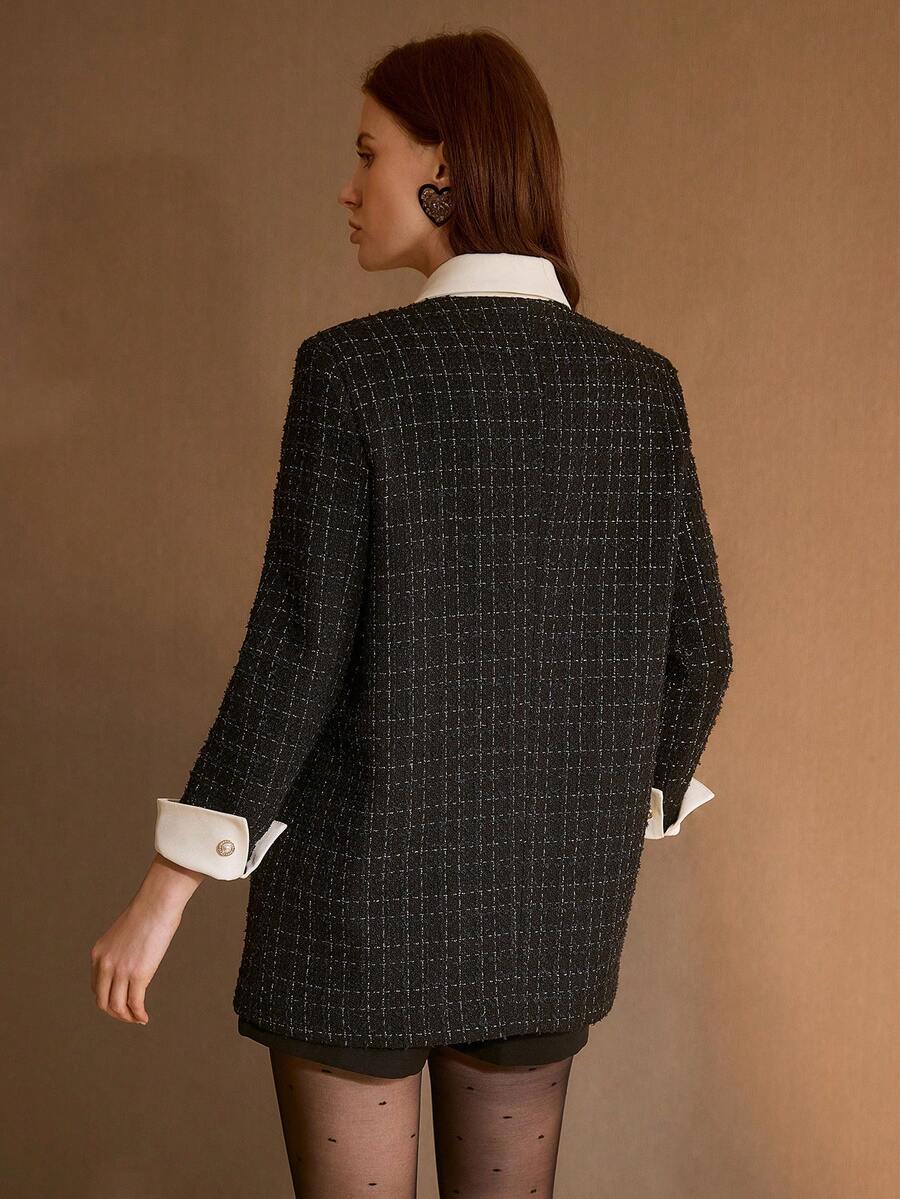 PREMIUM 女士优雅撞色滚边仿珍珠纽扣外套 - 黑色 - 查看 2