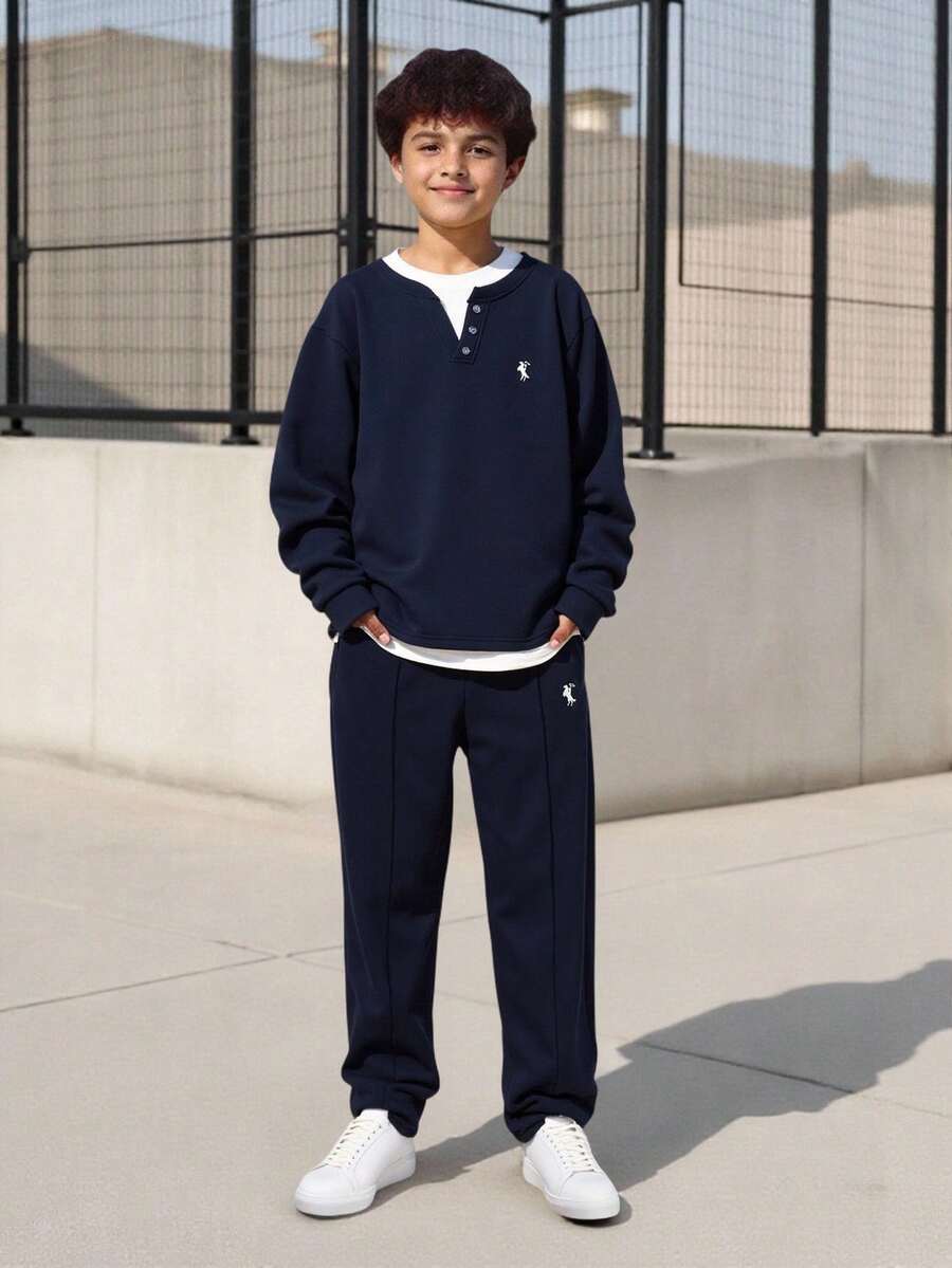 Vacaura 2件套青少年春秋季二合一圆领长袖T恤套装（含T恤和裤子），运动休闲时尚装扮