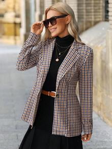 SHEIN Clasi Women's Fashion Casual Houndstooth Single-Breasted Blazer Fall Winter New Year Christmas