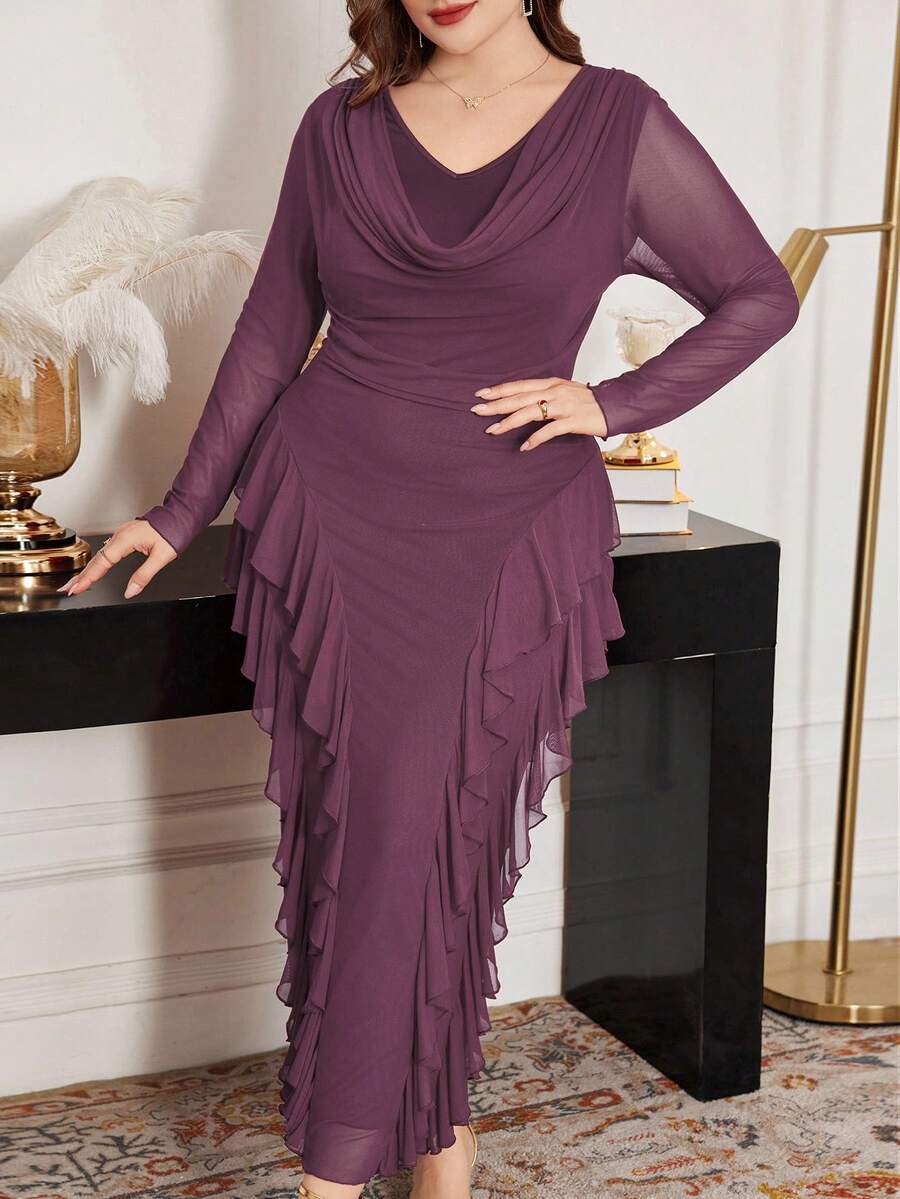 Modelyn Plus Size Dark Purple,Autumn,Elegant,Formal Dress,Mesh Scoop Neck Ruffle Hem Bodycon Plum Rouche Long Sleeve Curve Dress For Women - Hot Pink - View 1