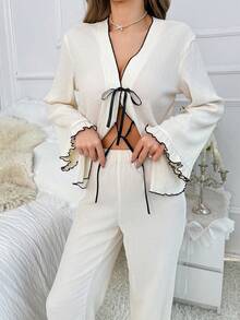 Women's Contrast Trim Tie Front Top And Pants Pajama Set, Winter Clothes - Apricot - View 5
