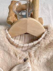 SHEIN 2pcs Baby Girls Dress + Plush Vest Cute Elegant Set, High Collar Long Sleeve Ruched Ribbed Thermal Lined Lantern Sleeve Dress Paired With Warm Plush Vest Jacket, Retro Casual Versatile Korean Style With Bow Design, Suitable For Daily Outings, Birthday, Holiday Party In Autumn/Winter - Beige - View 6